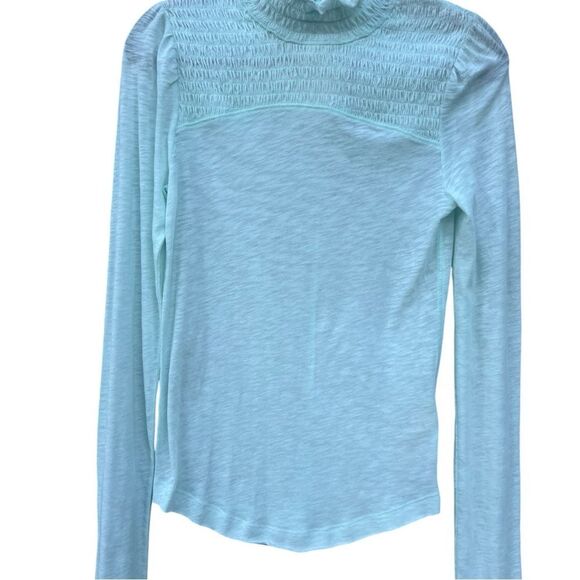 NWT Free People Caroline Smocked Turtleneck Top Blouse Iced Aqua Size medium - Picture 5 of 7
